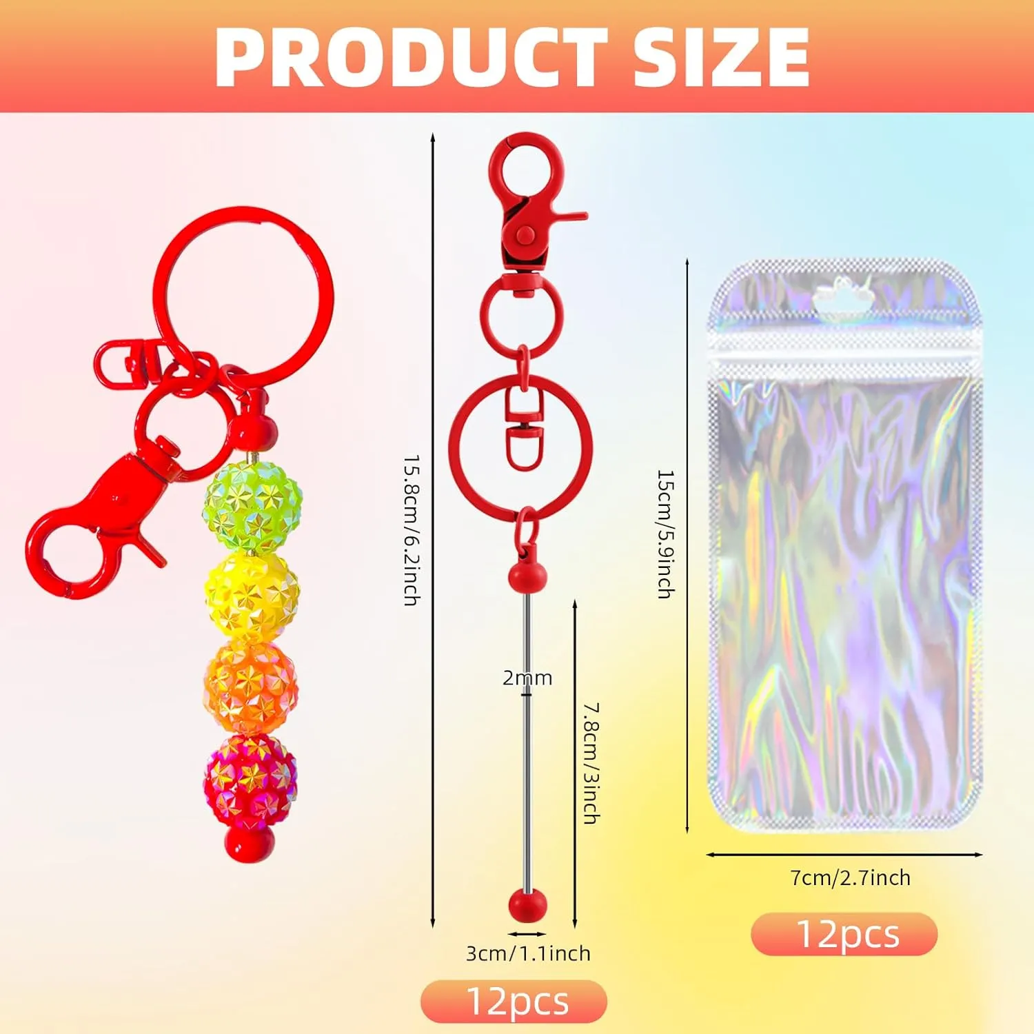 24 Pcs Beadable Keychains Bars bulk - 12 Colorful DIY Metal Beaded Keychain Making Kit   12 Bags Included, Bead Keychain Supplies,Blank Key Chain, Perfect for Women, Men, Mother's Day, Birthday Gift