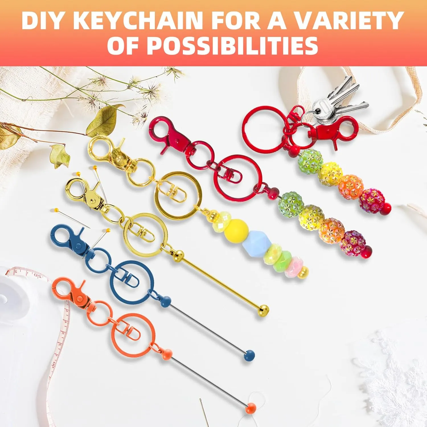 24 Pcs Beadable Keychains Bars bulk - 12 Colorful DIY Metal Beaded Keychain Making Kit   12 Bags Included, Bead Keychain Supplies,Blank Key Chain, Perfect for Women, Men, Mother's Day, Birthday Gift