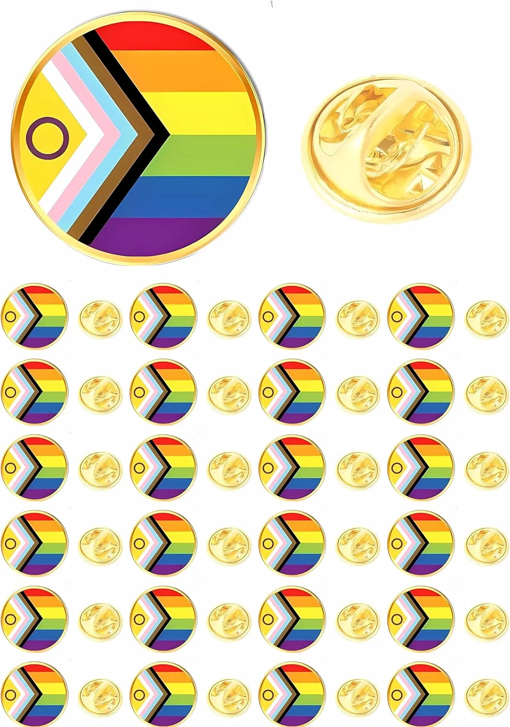 25/50/100pcs Round Inclusive New Progress Pride lapel Pin LGBTQ Progressive Rainbow flag Pride Pins Badge Bulk