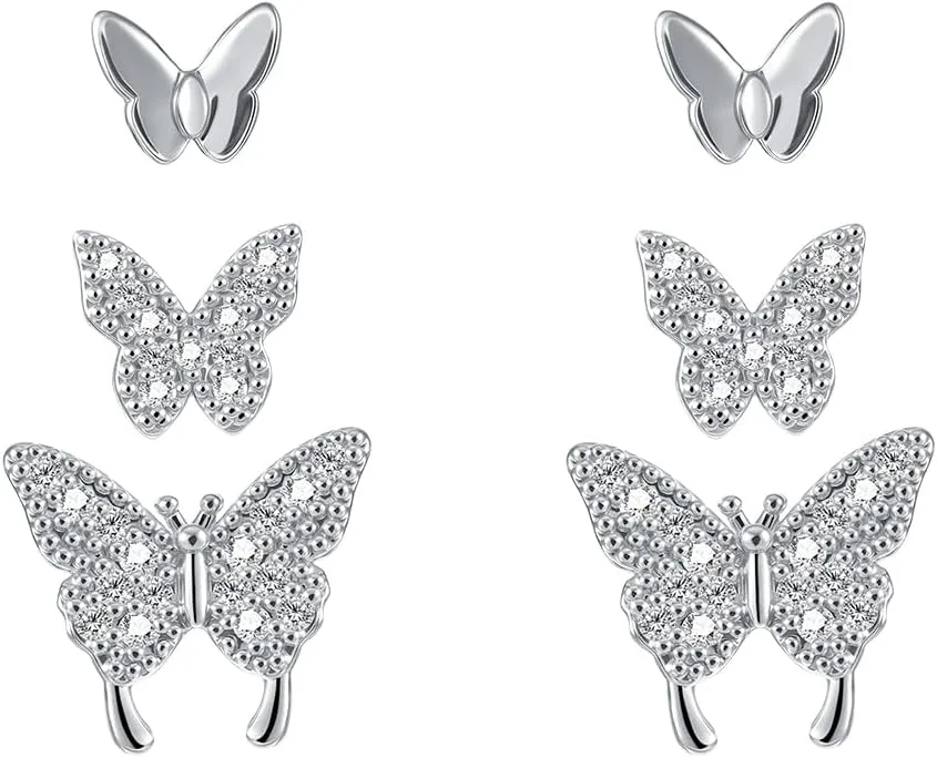 3 Pairs 14K Gold Plated 925 Sterling Silver Posts Bow Earrings for Women, Cubic Zirconia Bow Butterfly Stud Earrings Hypoallergenic Earrings Fashion Jewelry Gifts for Women