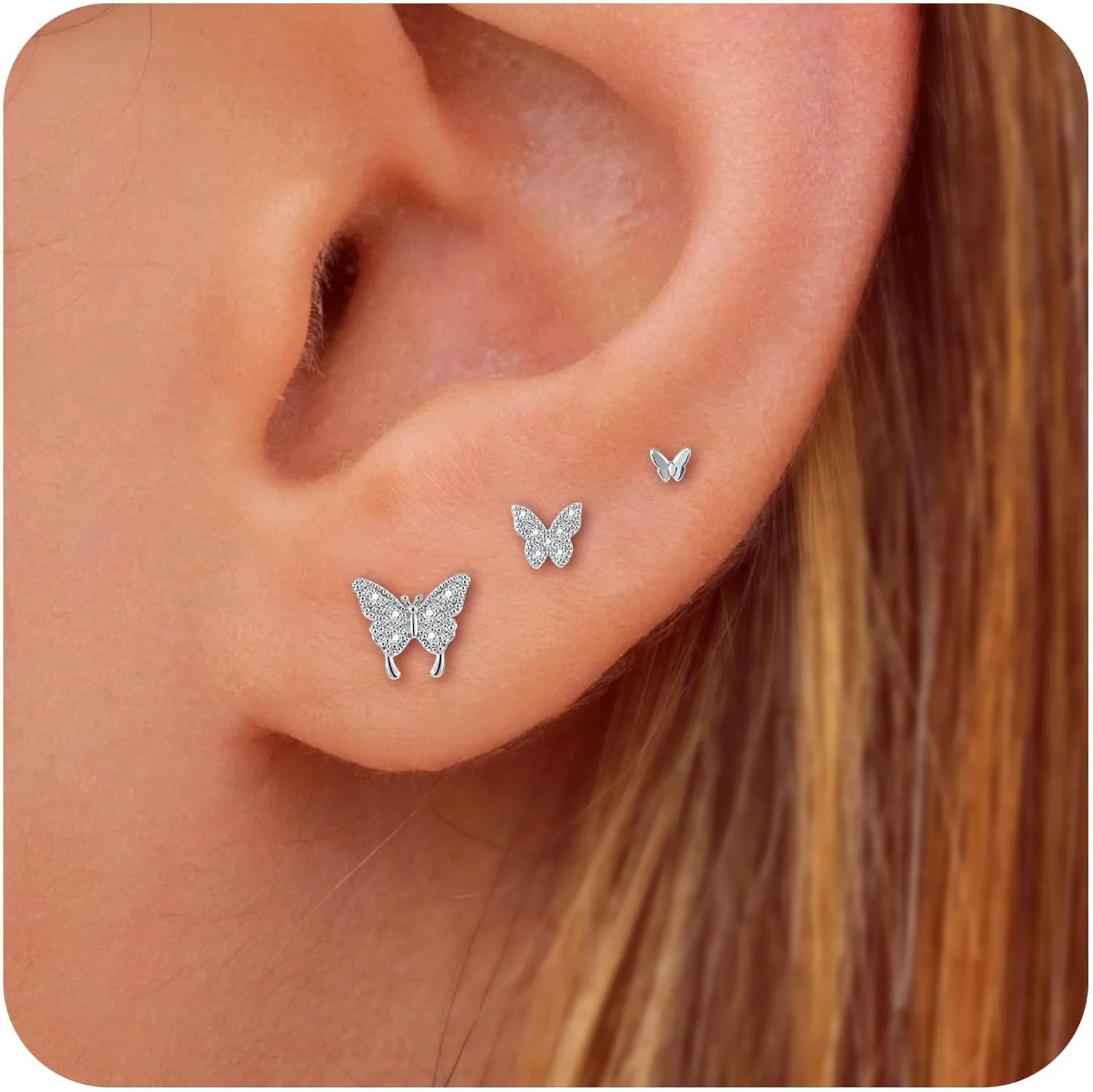 3 Pairs 14K Gold Plated 925 Sterling Silver Posts Bow Earrings for Women, Cubic Zirconia Bow Butterfly Stud Earrings Hypoallergenic Earrings Fashion Jewelry Gifts for Women