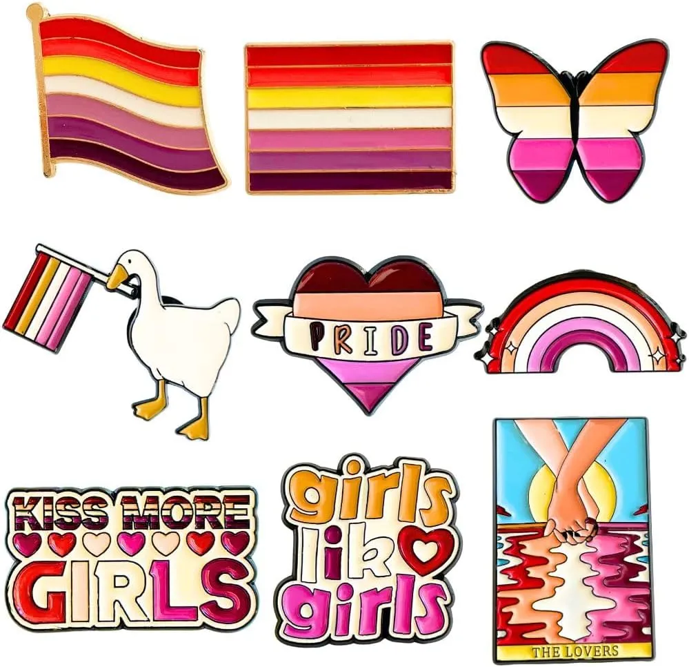 9PC Lesbian Pins Pride Flag Enamel Pin Button Pack Gay Bi LGBT Ribbon Ally Progress Support Jewelry Rainbow Progressive Trans Gender Equality Pansexual Accessories Hat Clothes Items Stuff Gifts