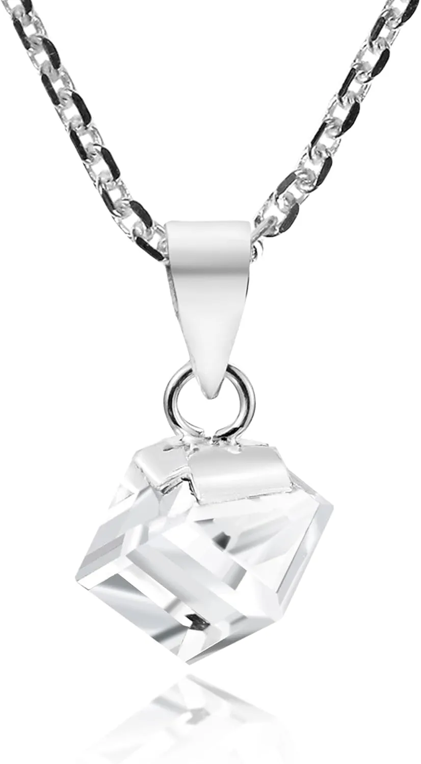 AeraVida Unisex Simple & Sparkling Clear Crystal Cube Prism on .925 Sterling Silver Pendant Chain Necklace for Modern Chic Style & Casual Everyday Fashion