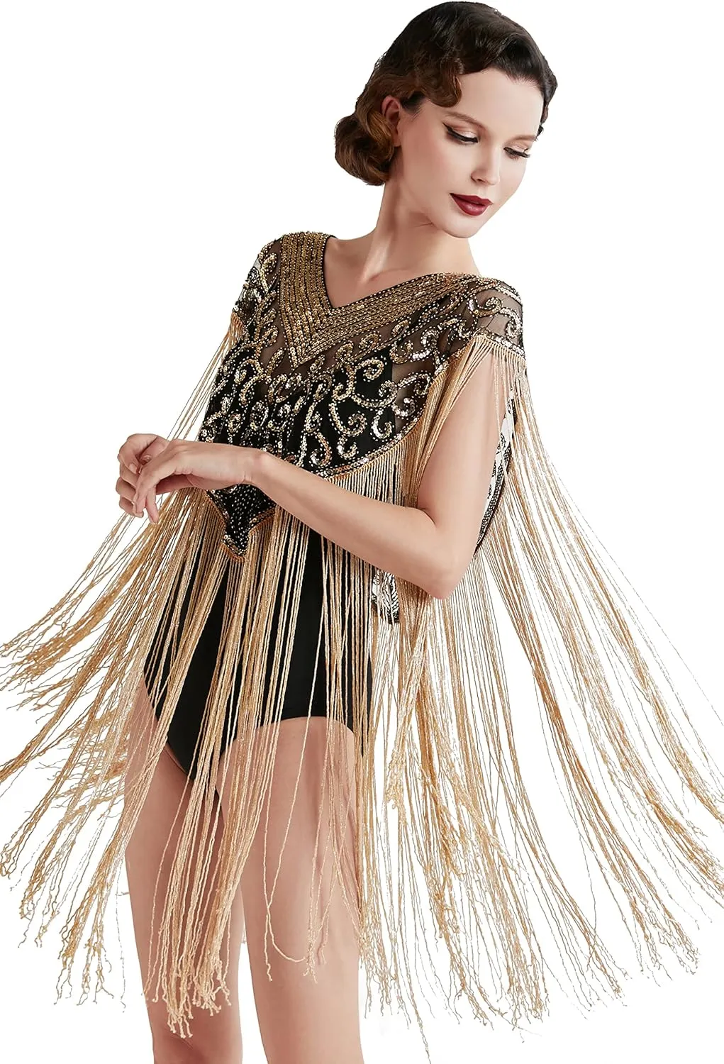 BABEYOND 1920s Shawl Wraps Long Fringed Evening Cape Sequin Beaded Party Shawl