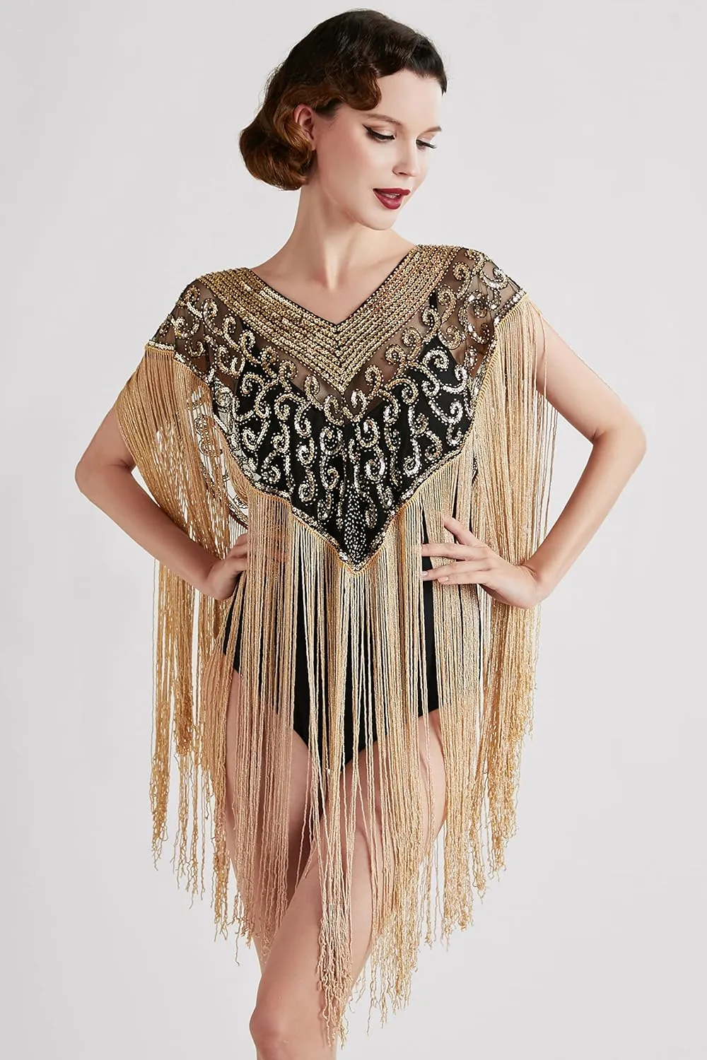 BABEYOND 1920s Shawl Wraps Long Fringed Evening Cape Sequin Beaded Party Shawl