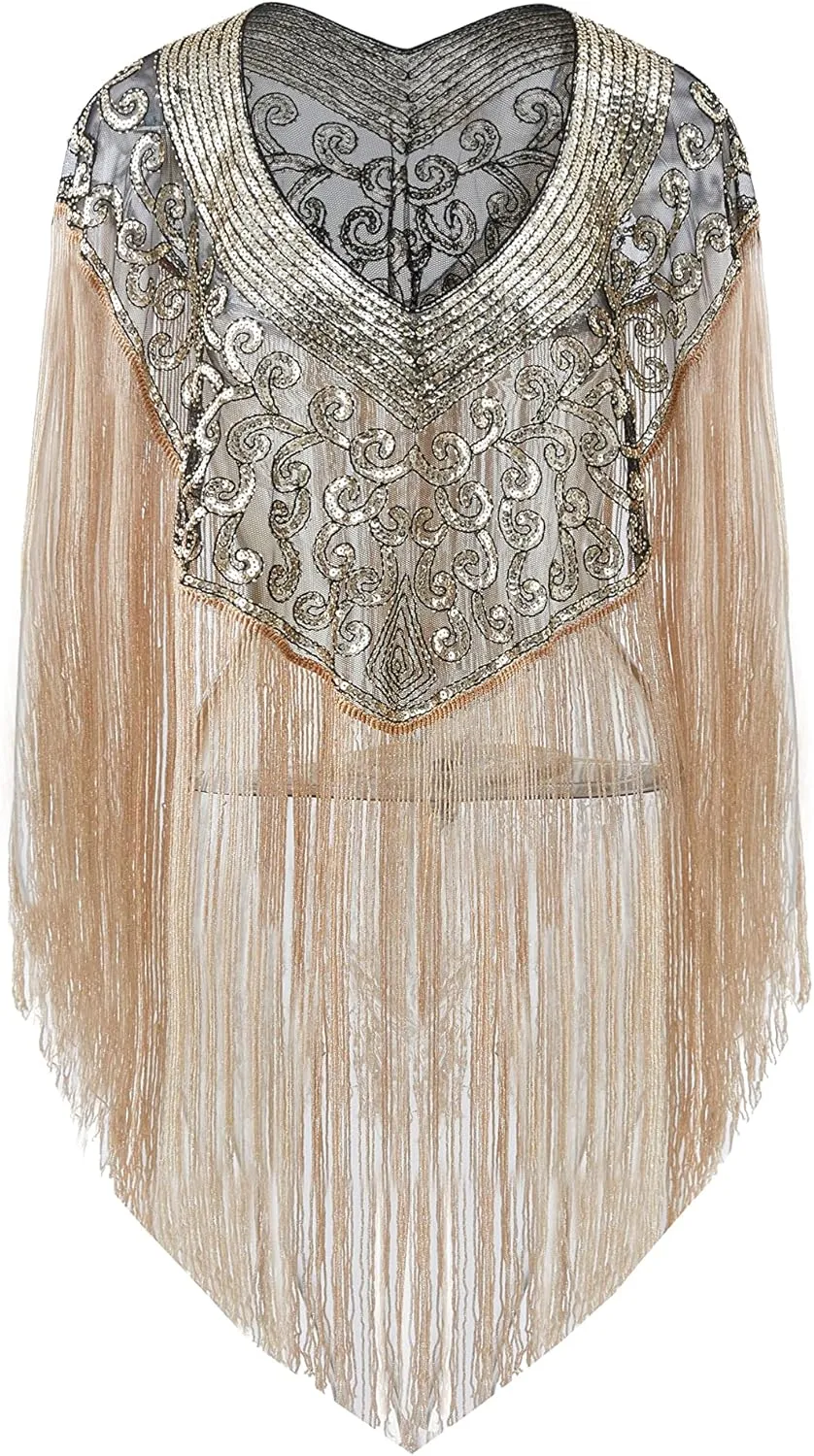 BABEYOND 1920s Shawl Wraps Long Fringed Evening Cape Sequin Beaded Party Shawl