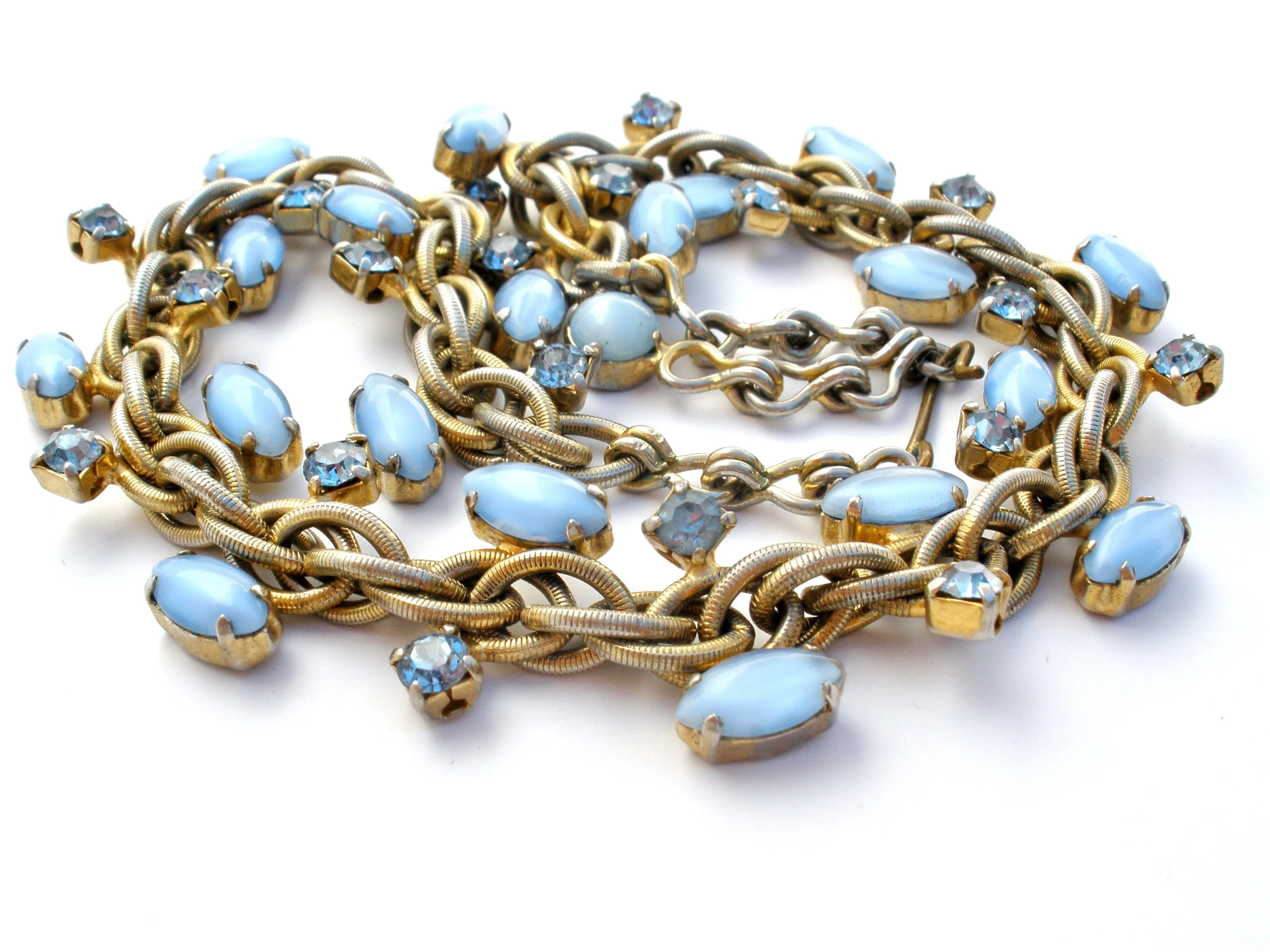 Blue Satin Glass Rhinestone Choker Necklace Vintage