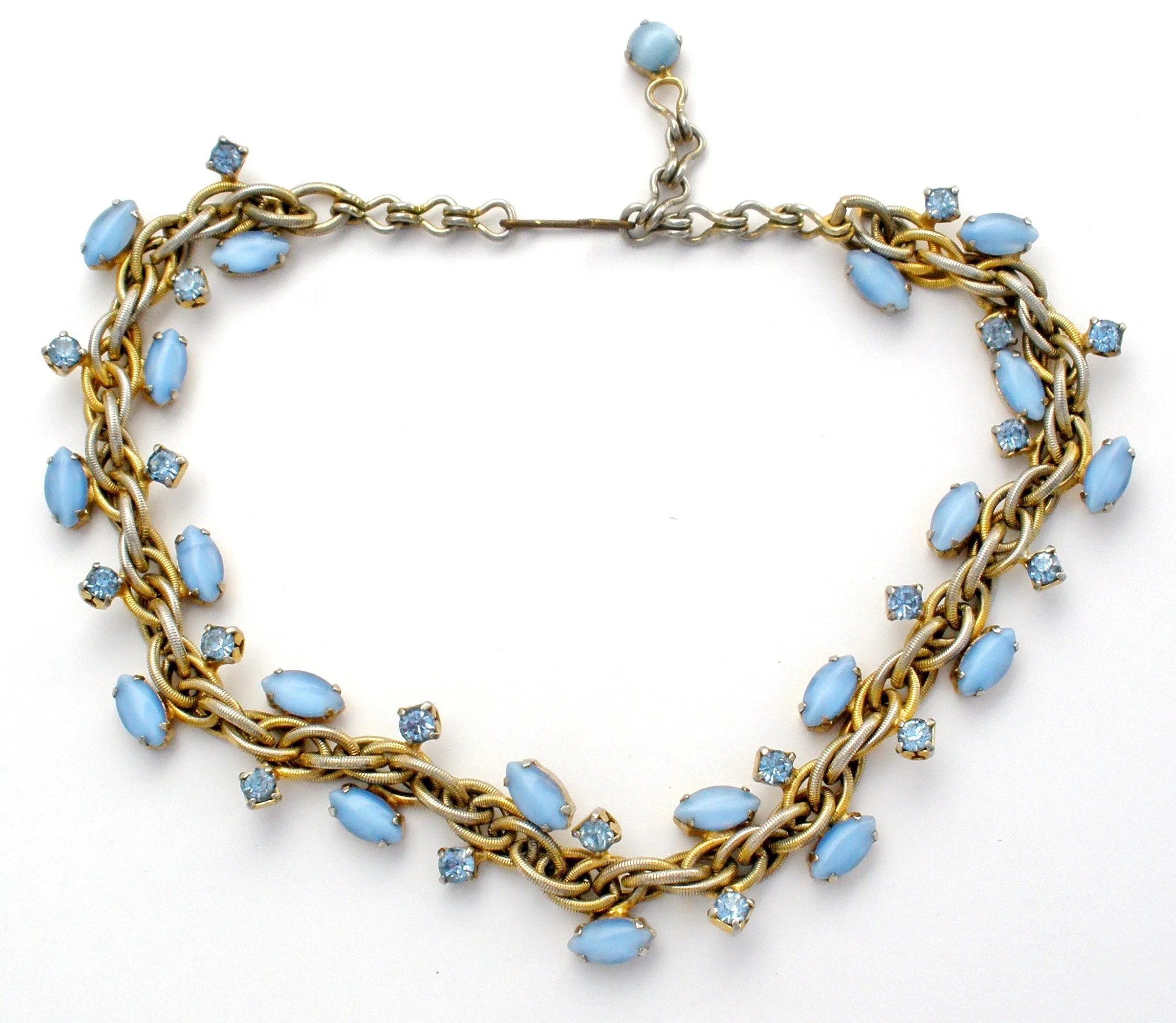 Blue Satin Glass Rhinestone Choker Necklace Vintage