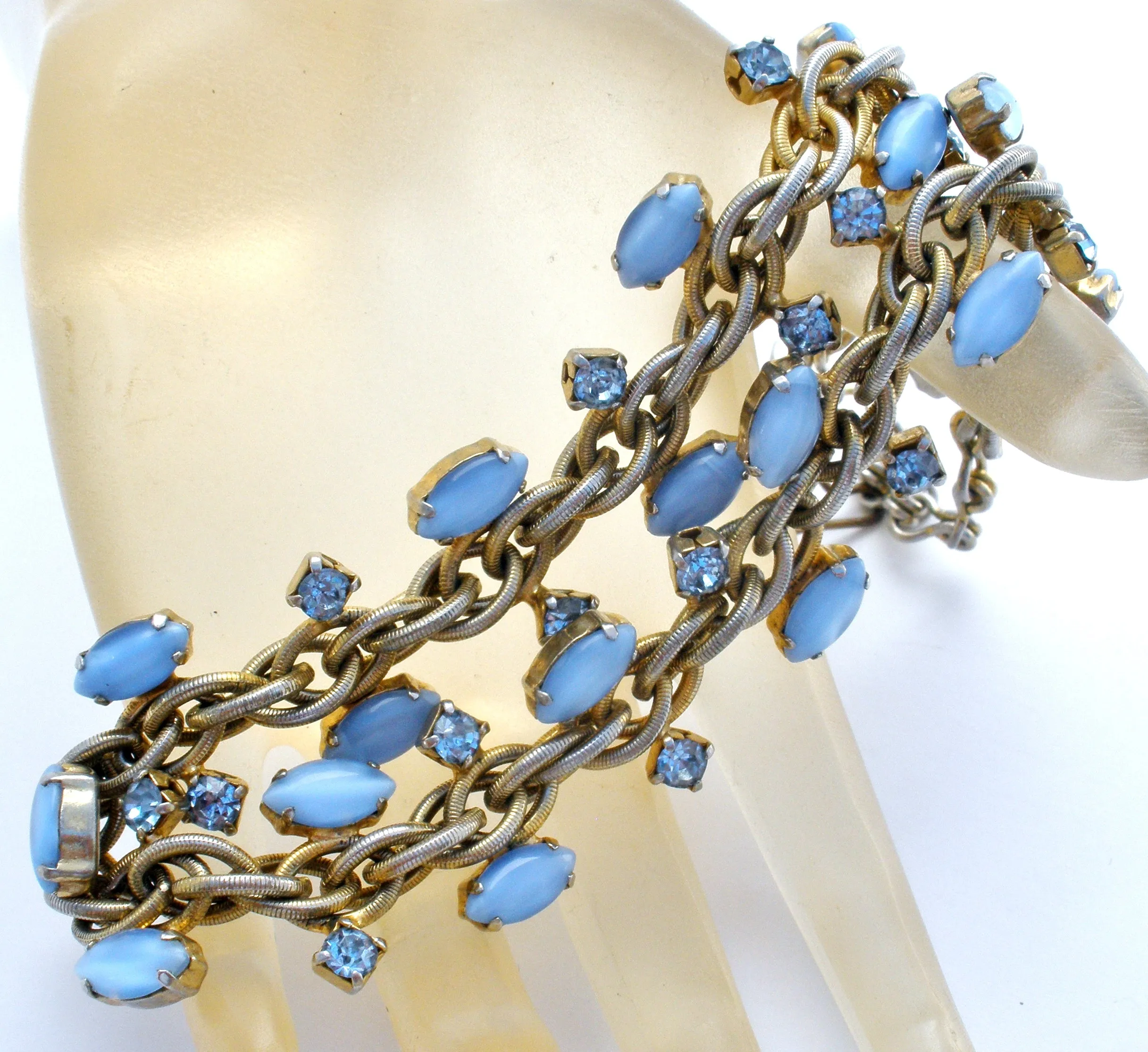 Blue Satin Glass Rhinestone Choker Necklace Vintage