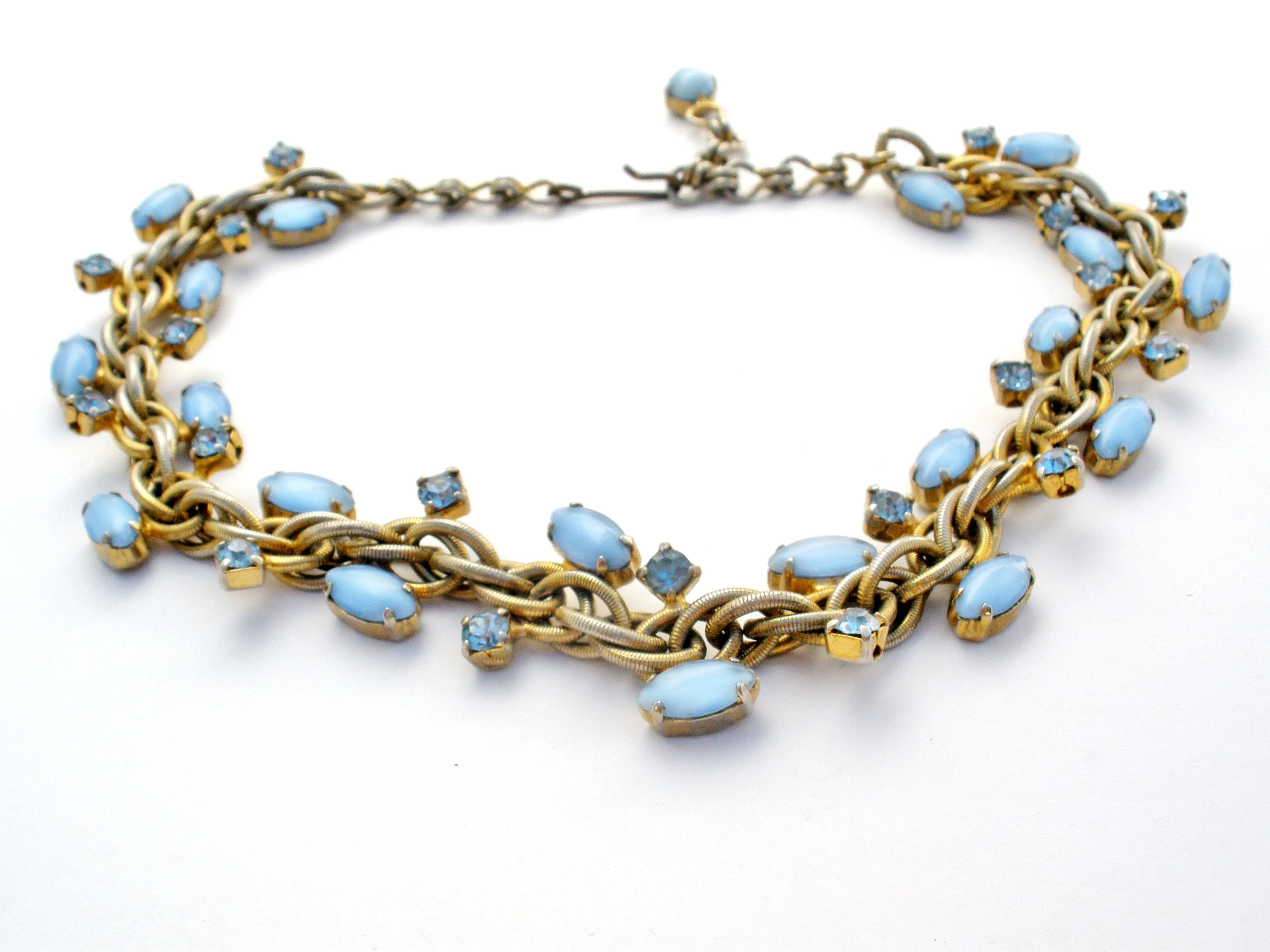 Blue Satin Glass Rhinestone Choker Necklace Vintage