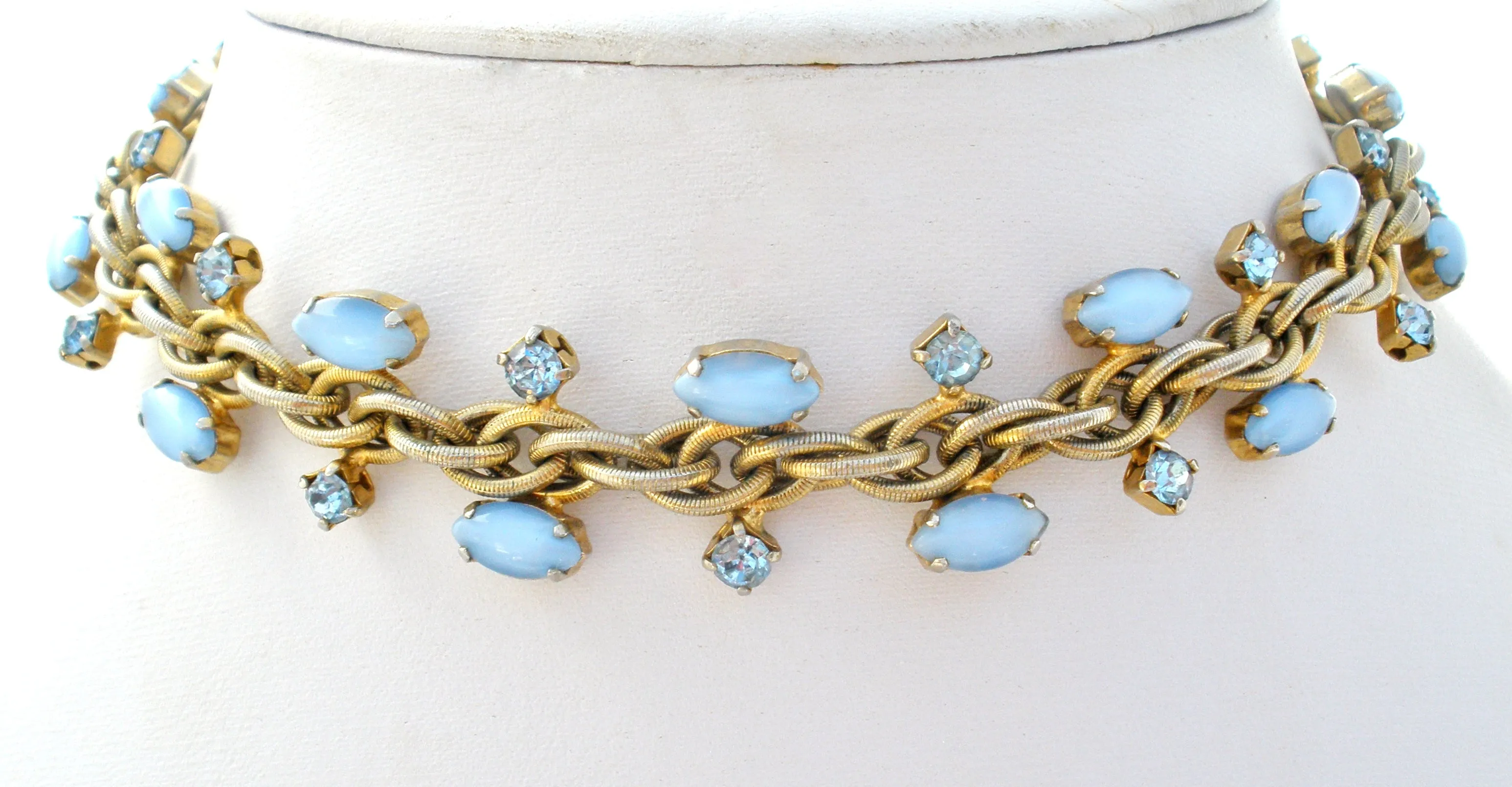 Blue Satin Glass Rhinestone Choker Necklace Vintage