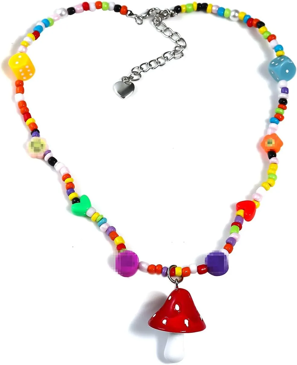 Colorful Fresh Mushroom Heart Rainbow Beaded Pendant Necklace Resin Choker for Women Handmade Multicolor Bohemian Jewelry-red