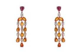 Earrings 18kt Gold Orange Pear Sapphires & Diamonds Chandelier