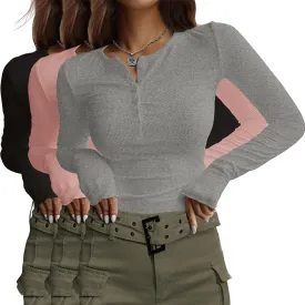 Ekouaer Women's Long Sleeve Shirts 3 Packs Henley Button Down Tops Ribbed Slim Fit Base Layer Soft Thermal Tee