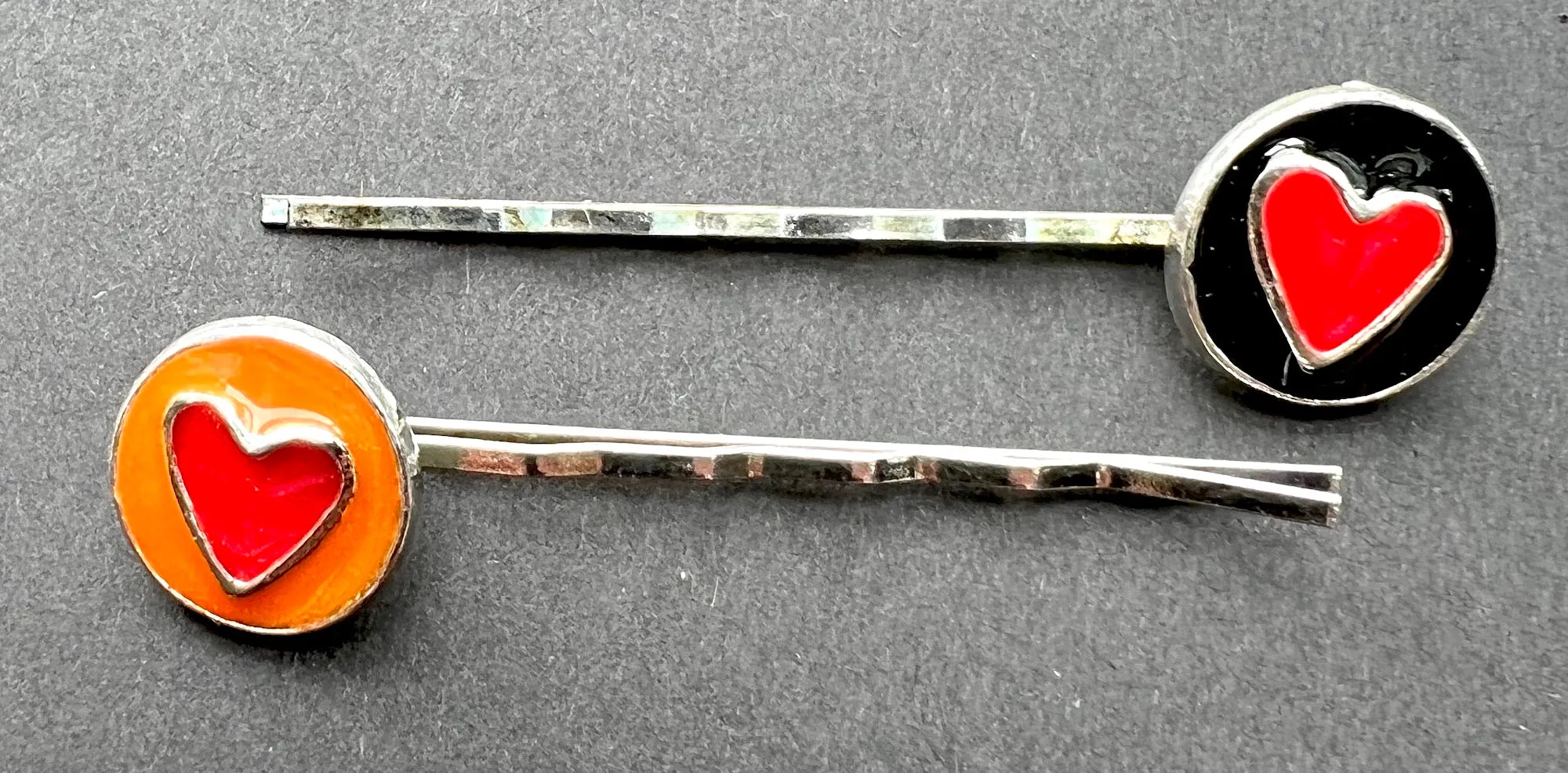 Enamel Heart 1980s  Hair Pins - Orange or Black