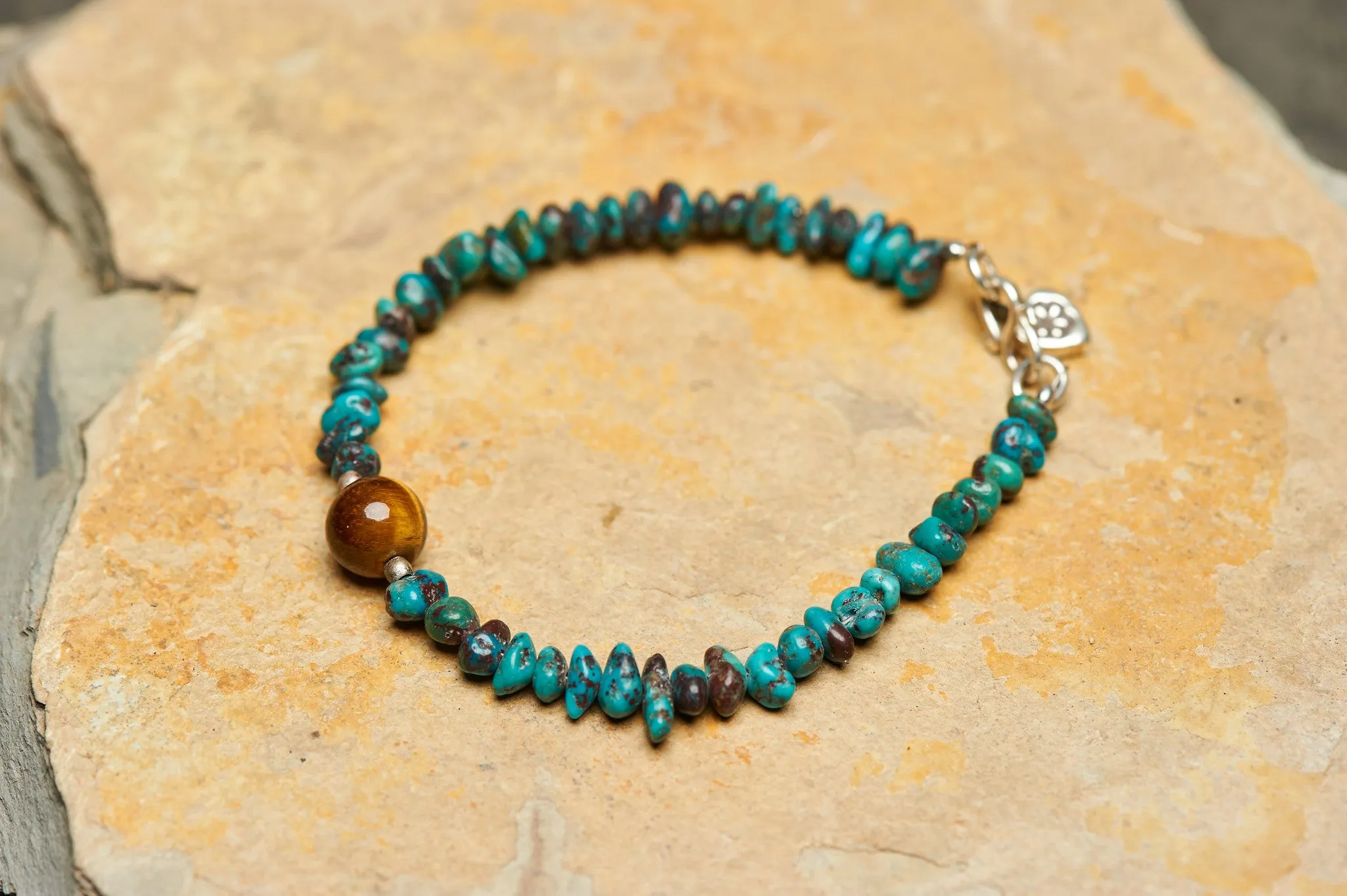 Handmade Tibetan Turquoise & Tiger Eye Stone Bracelet With Silver Charm "Heart"