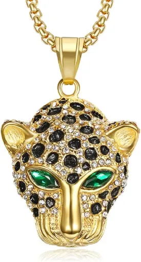 Iced Out Leopard Head Necklace for Men, Stainless Steel Nordic Viking Leopard Animal Necklace Hip Hop Leopard Head Pendant Necklace for Men