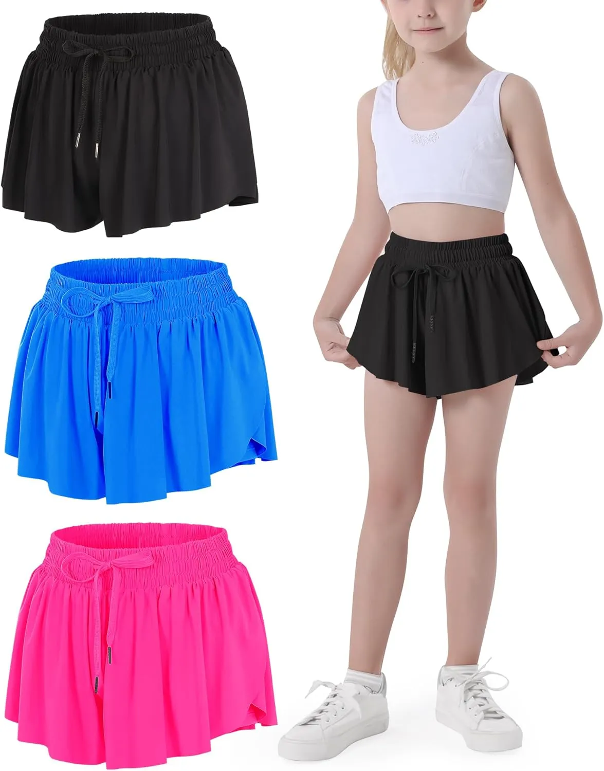 JOCMIC Girls Flowy Shorts, 2 in 1 Preppy Butterfly Shorts with Spandex Liner for Cheer Athletic Gym Teens Casual Clothes