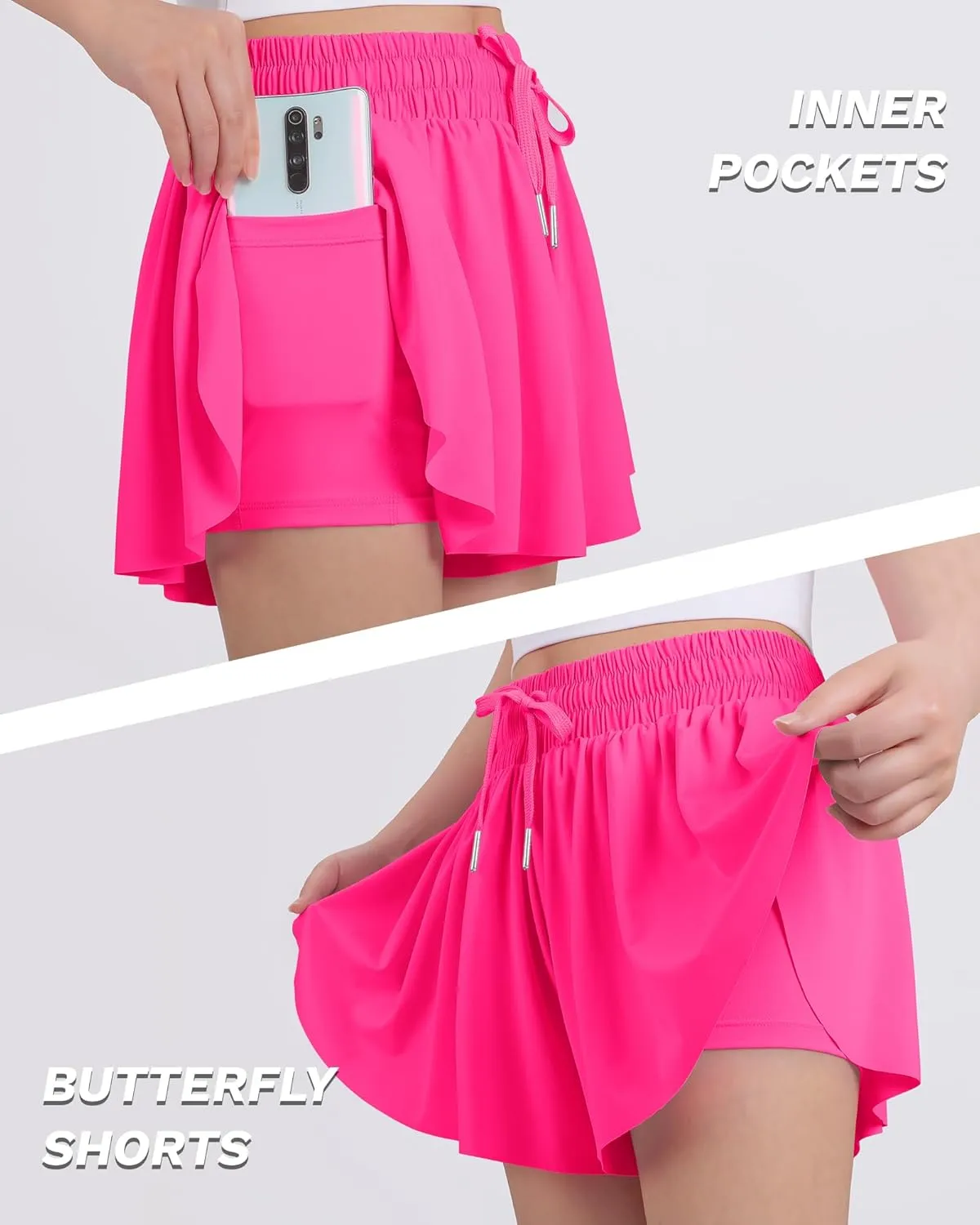 JOCMIC Girls Flowy Shorts, 2 in 1 Preppy Butterfly Shorts with Spandex Liner for Cheer Athletic Gym Teens Casual Clothes