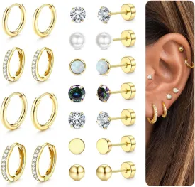 Jstyle Hypoallergenic Stud Hoop Earrings for Women Flat Back Cartilage Earrings Small Silver Hoops Surgical Stainless Steel Earring Trendy Earring Stacks Set Multiple Piercing Jewelry Gifts for Women