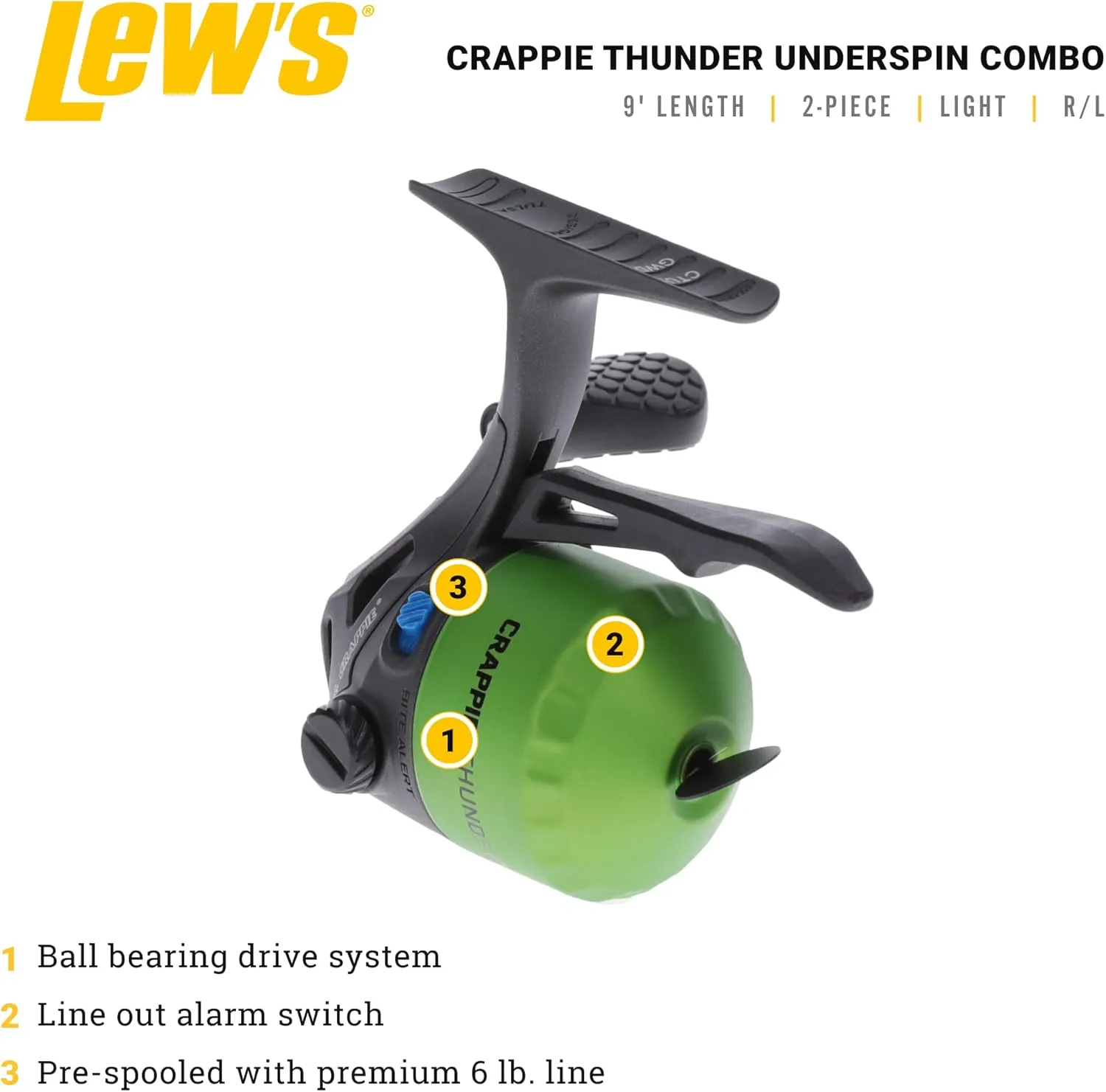 Lew's Crappie Thunder Jig/Troll Underspin Reel and Fishing Rod Combo, 9-Foot 2-Piece Graphite Blank, Right or Left-Hand Retrieve, Crappie Thunder Green