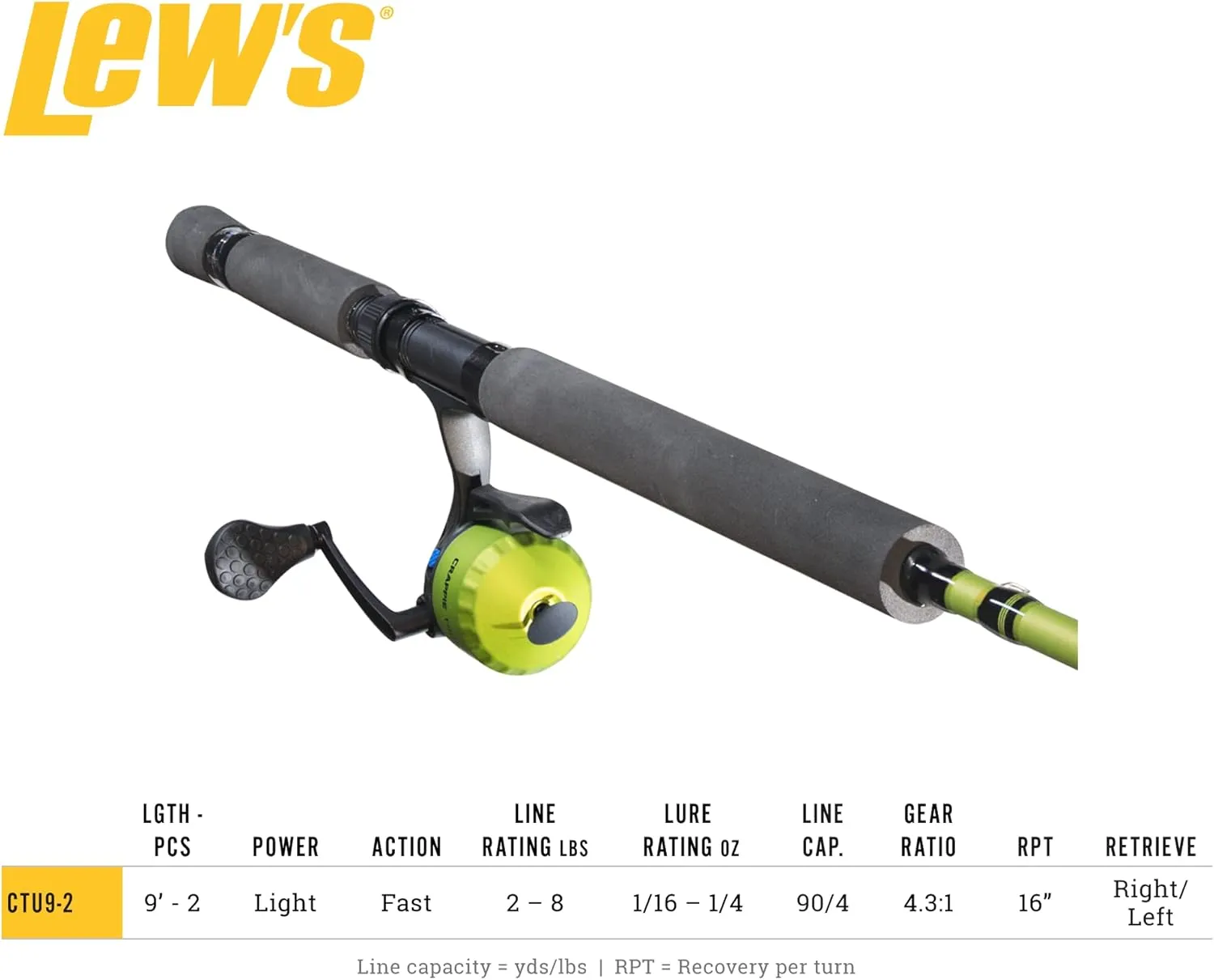 Lew's Crappie Thunder Jig/Troll Underspin Reel and Fishing Rod Combo, 9-Foot 2-Piece Graphite Blank, Right or Left-Hand Retrieve, Crappie Thunder Green