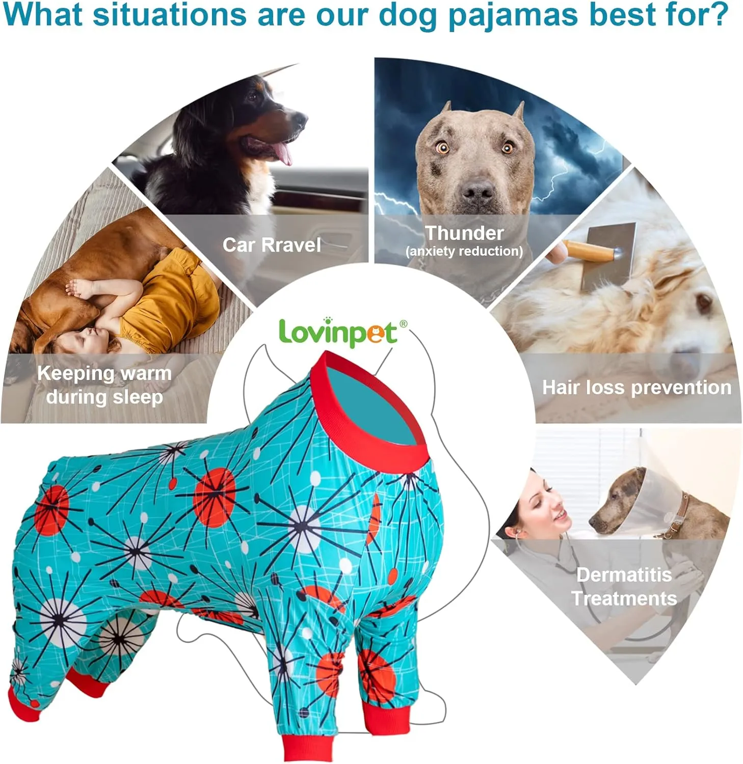 LovinPet Pitbull Pjs for Dogs - Anti Licking & Anxiety Calming Dog Shirt, Lightweight Stretchy Fabric, Atomic Turquoise Print, Large Dog Pjs, Pitbull Clothes, Pet Pajamas for Dogs,Red 2XL
