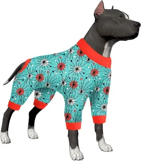 LovinPet Pitbull Pjs for Dogs - Anti Licking & Anxiety Calming Dog Shirt, Lightweight Stretchy Fabric, Atomic Turquoise Print, Large Dog Pjs, Pitbull Clothes, Pet Pajamas for Dogs,Red 2XL