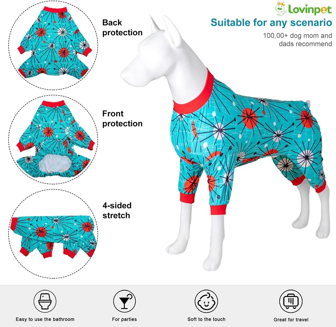 LovinPet Pitbull Pjs for Dogs - Anti Licking & Anxiety Calming Dog Shirt, Lightweight Stretchy Fabric, Atomic Turquoise Print, Large Dog Pjs, Pitbull Clothes, Pet Pajamas for Dogs,Red 2XL