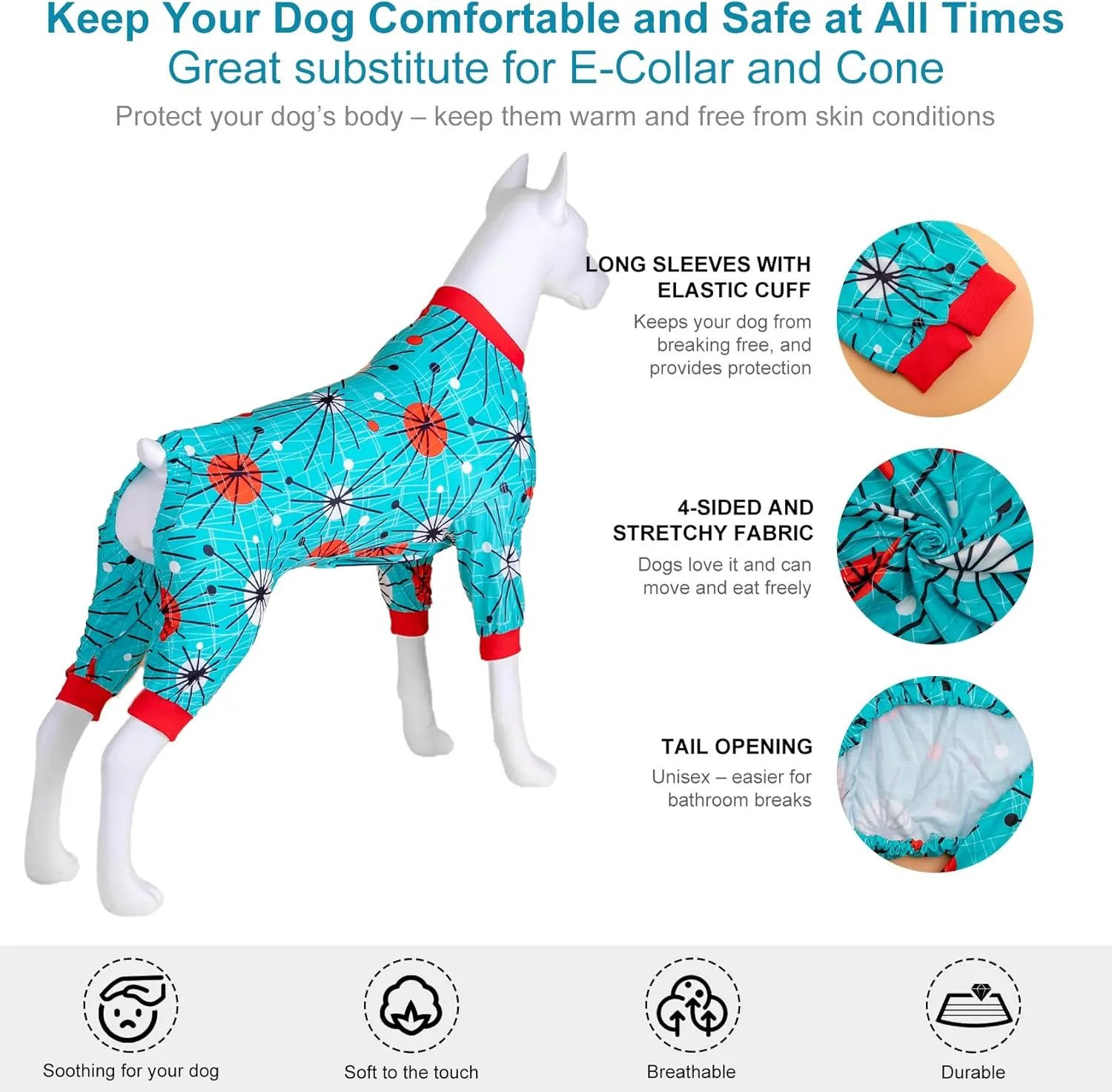 LovinPet Pitbull Pjs for Dogs - Anti Licking & Anxiety Calming Dog Shirt, Lightweight Stretchy Fabric, Atomic Turquoise Print, Large Dog Pjs, Pitbull Clothes, Pet Pajamas for Dogs,Red 2XL