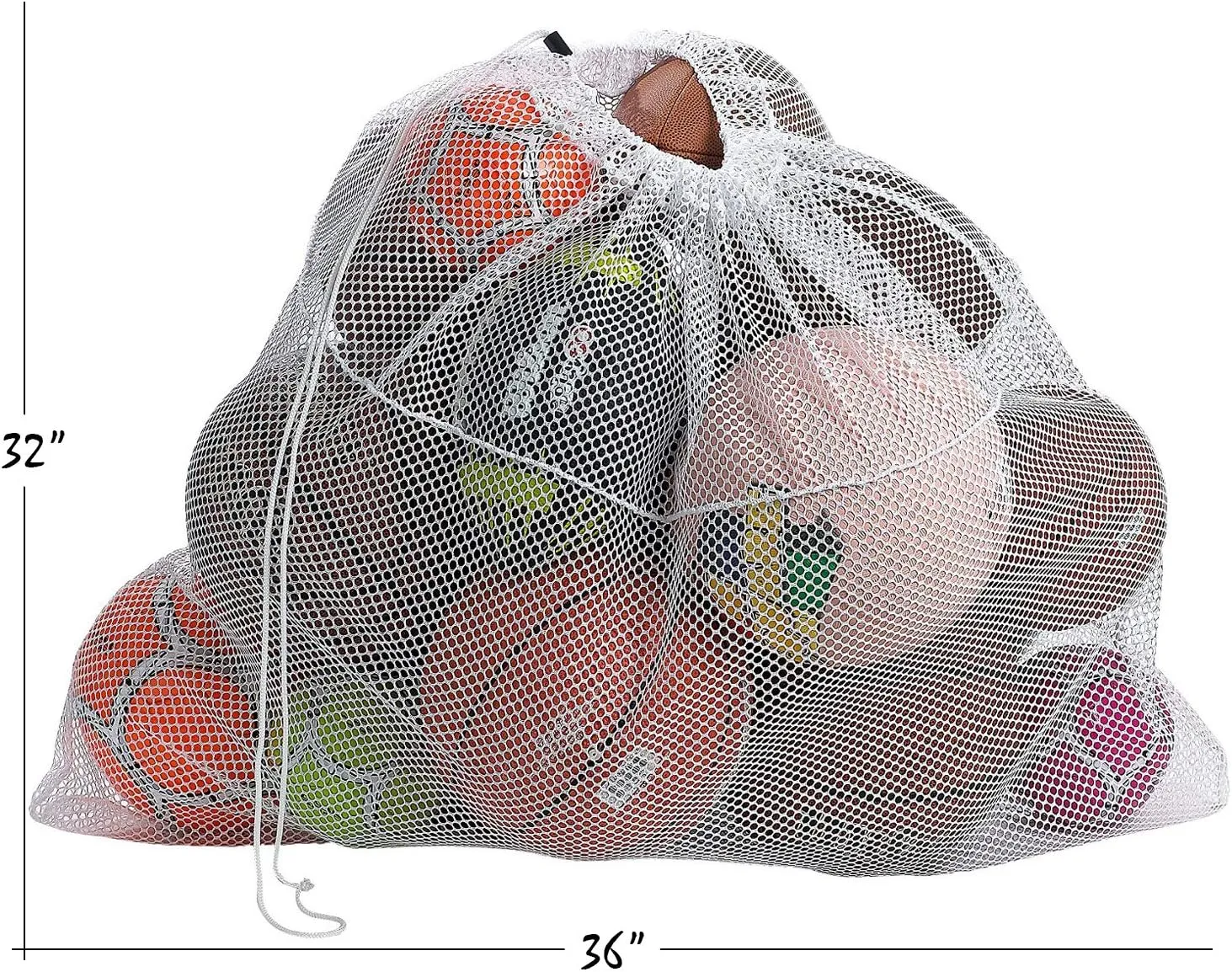 Mesh Equipment Bag - 32 x 36 and 24 x 36 - Adjustable, sliding drawstring cord closure. Perfect mesh bag for parent or coach, making it easy to transport and keeping your sporting gear organized.