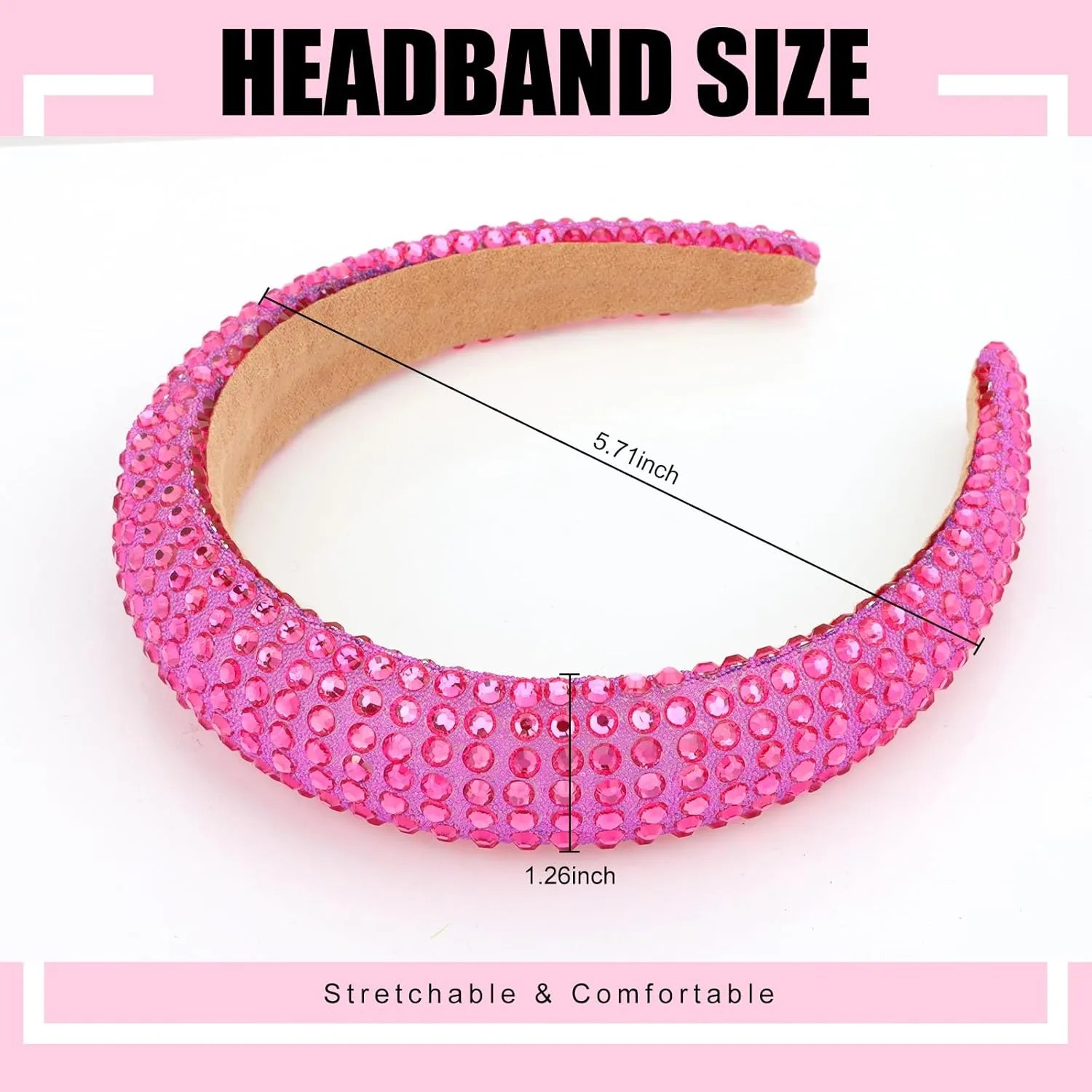 Ondder Hot Pink Rhinestone Headband - Shiny Beaded Bling Crystal Head Bands for Women's Hair - Non-Slip Fashion Sparkly Puffy Headbands for Women and Girls
