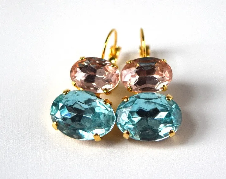 Pink and Aqua Crystal Earrings, 18th Century Style Earrings