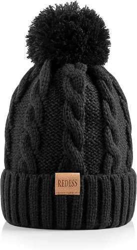 REDESS Women Winter Pompom Beanie Hat with Warm Fleece Lined, Thick Slouchy Snow Knit Skull Ski Cap