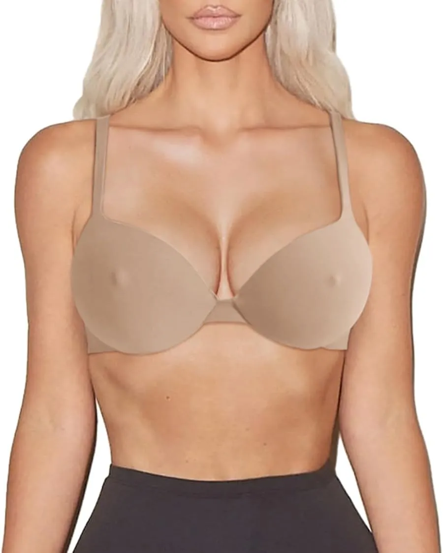 REORIA Women's Trendy Plunge Nipple Padded Comfortable Smoothing Supportive Underwire Push Up Bras