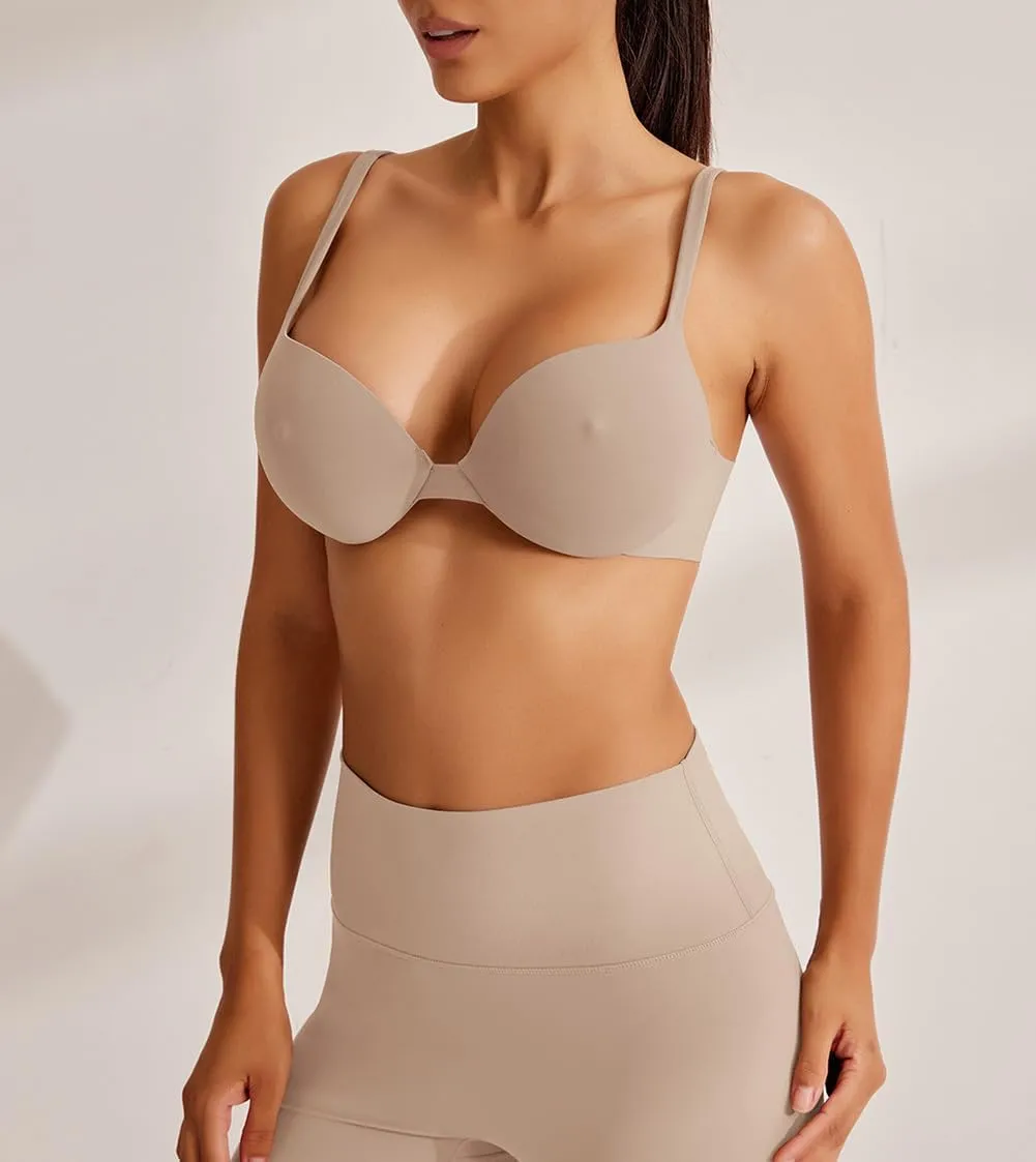 REORIA Women's Trendy Plunge Nipple Padded Comfortable Smoothing Supportive Underwire Push Up Bras