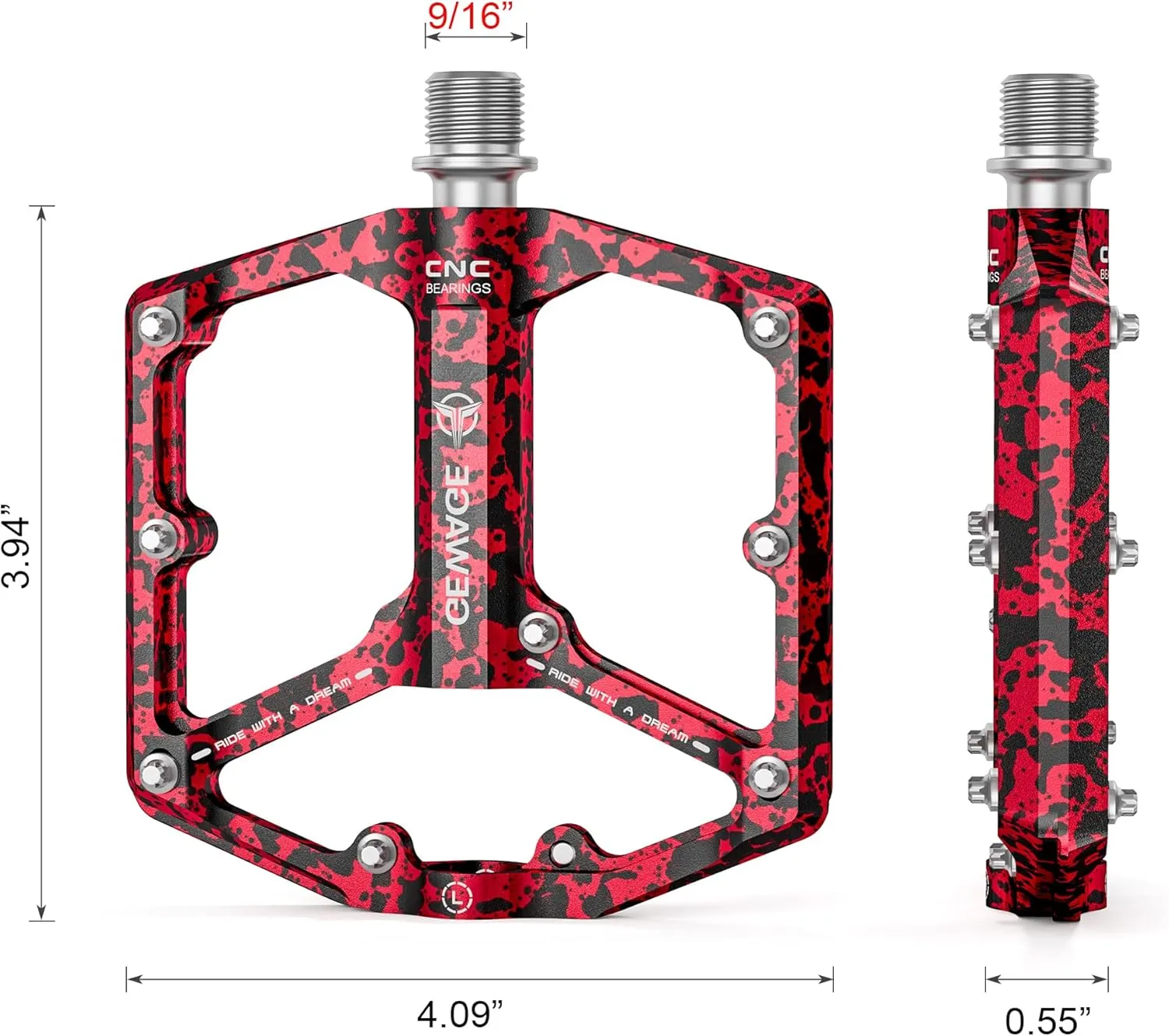 Road/Mountain Bike Pedals - 3 Bearings Bicycle Pedals - 9/16 CNC Machined Flat Pedals with Removable Anti-Skid Nails