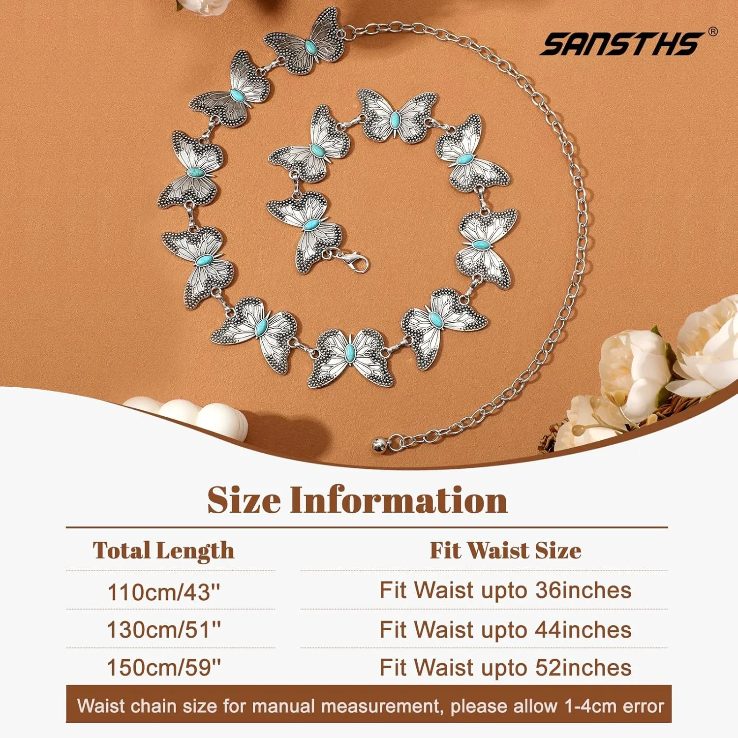 SANSTHS Women Western Metal Chain Belt Cowgirl Waist Chain Belt for Dresses Jeans Concho Gold Chain Hip Belt