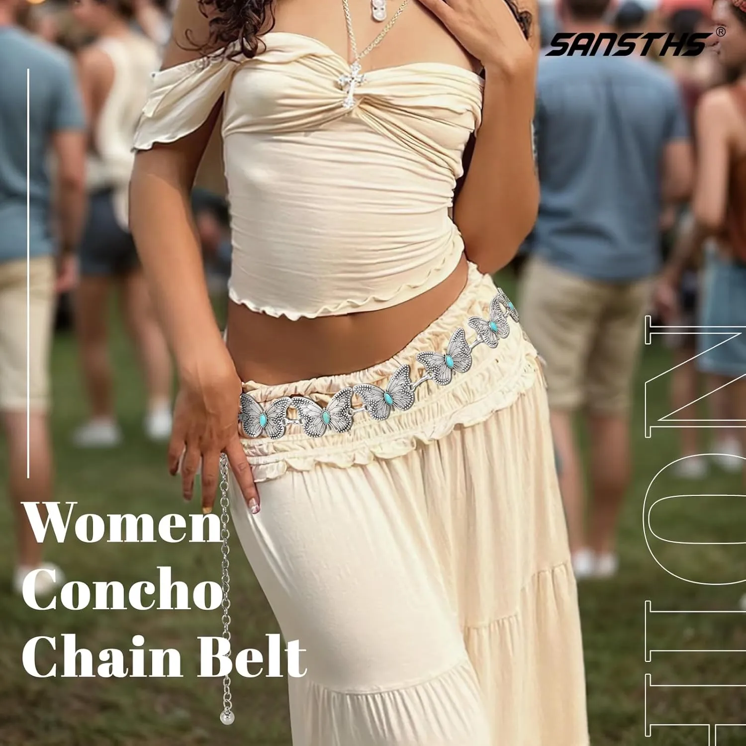 SANSTHS Women Western Metal Chain Belt Cowgirl Waist Chain Belt for Dresses Jeans Concho Gold Chain Hip Belt