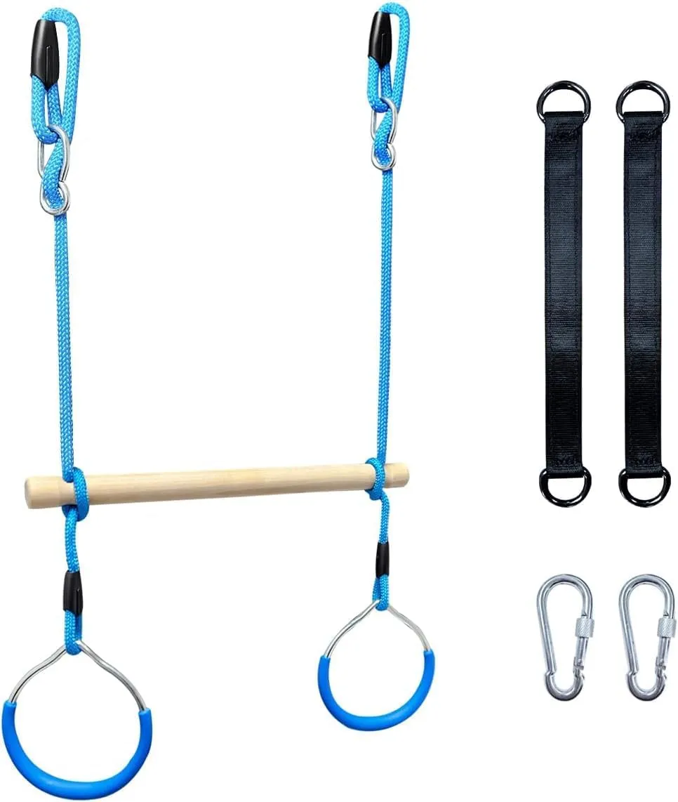 Trapeze Swing Bar with Gymnastic Rings | Sturdy Steel Construction | Warrior Accessories for Obstacle Course | Great for Indoor & Outdoor Use - Ages 3 