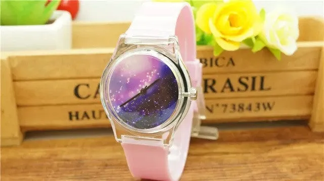 Unisex women men purple space plastic watch children night sky light and scrub watch student little star dial quartz watch