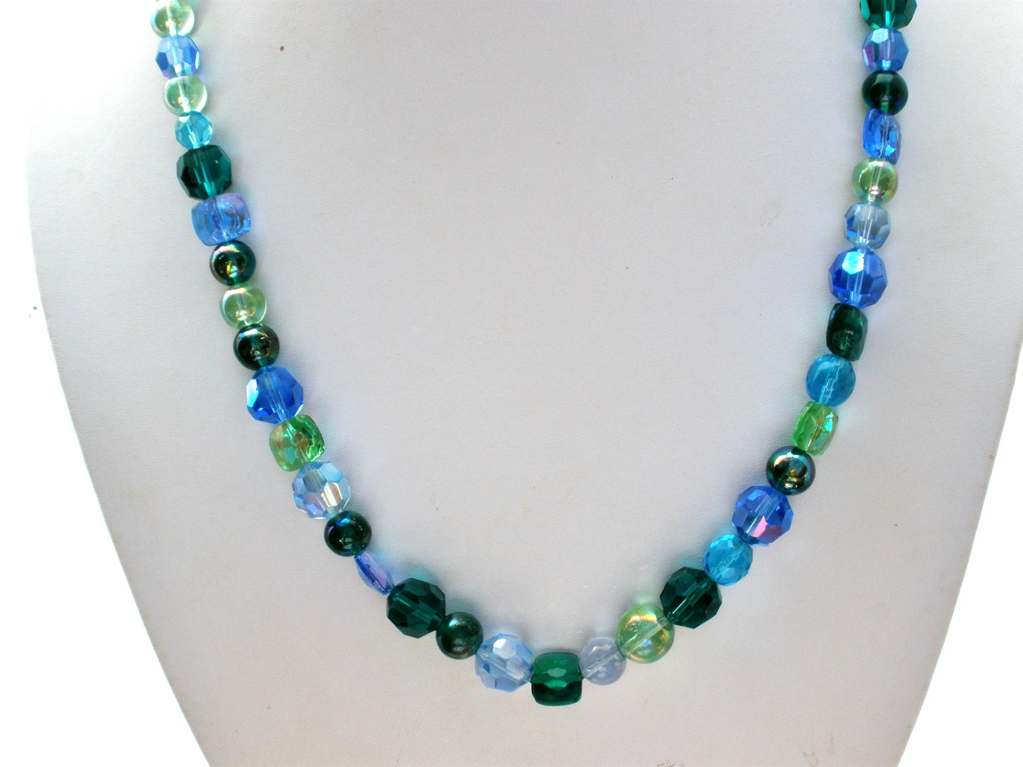 Vintage Blue & Green Glass Bead Necklace 25"