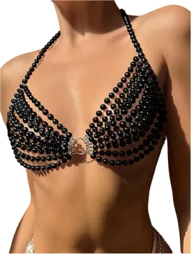 WDIRARA Women's Pearl Beaded Halter Bikini Top Sleeveless Backless Beach Cover Up Tops