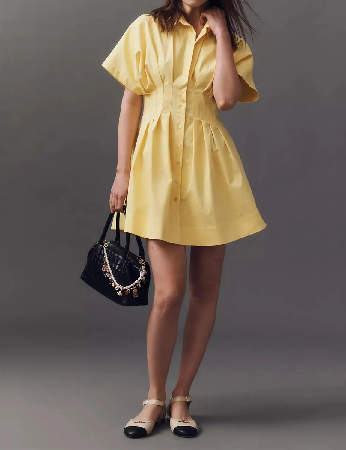 Women Button Down Pleated Shirt Dress Summer Short Sleeve Blouse Striped Print Corset Mini Dresses