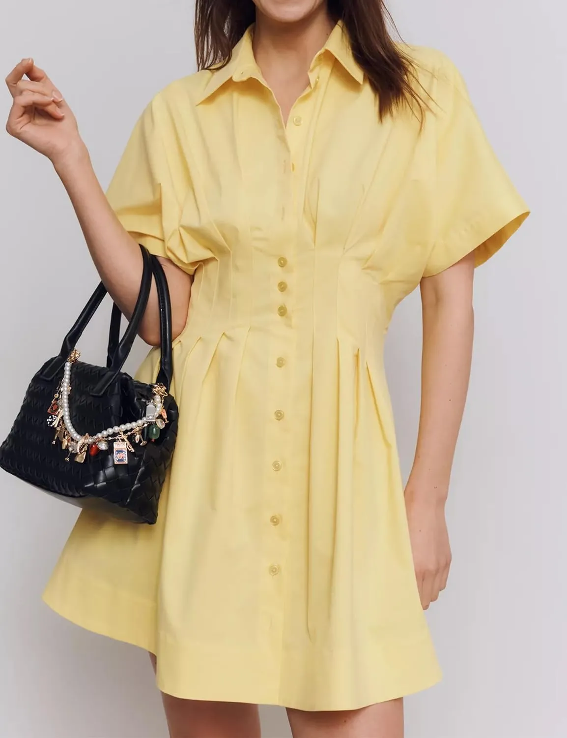 Women Button Down Pleated Shirt Dress Summer Short Sleeve Blouse Striped Print Corset Mini Dresses