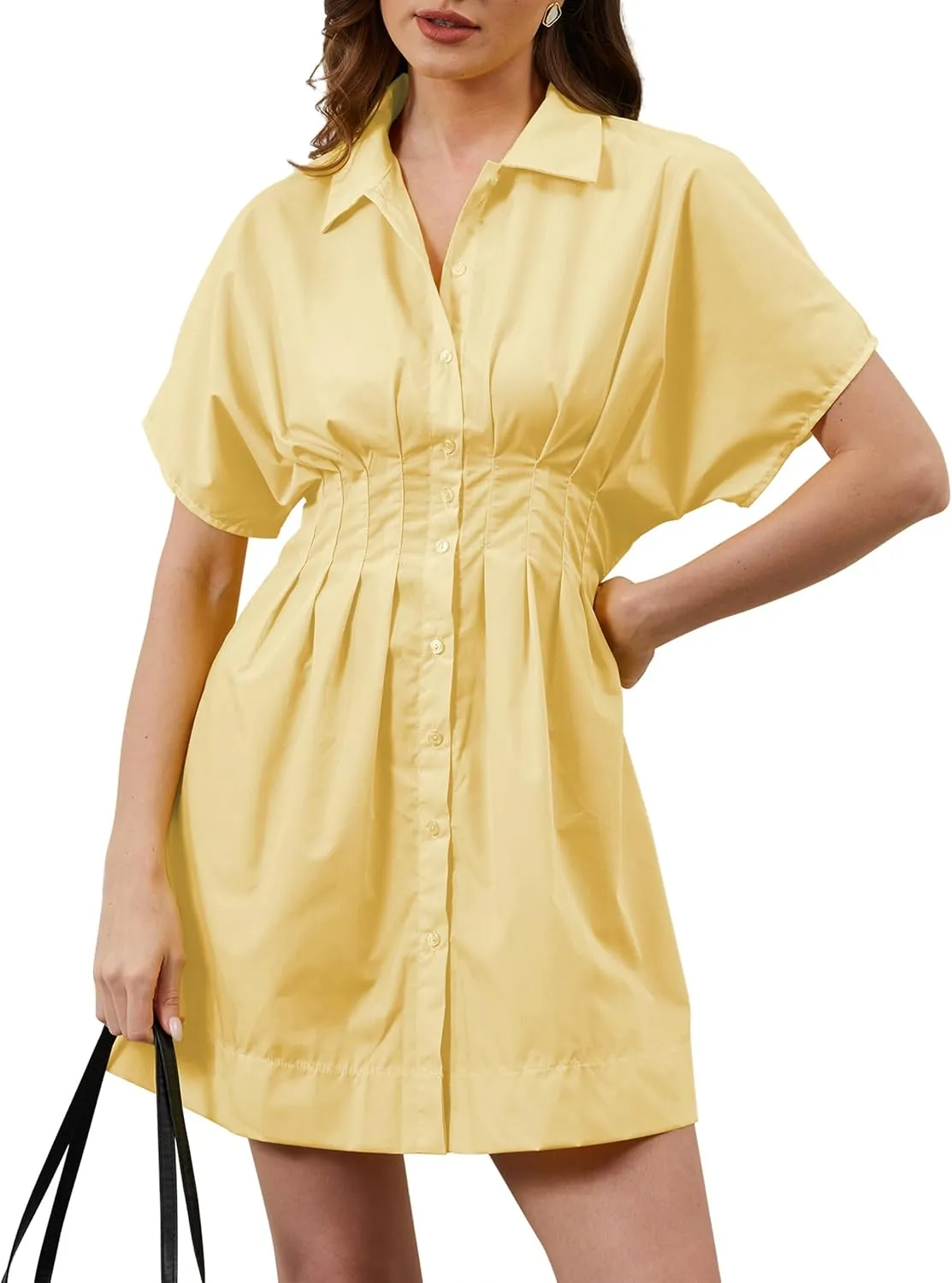 Women Button Down Pleated Shirt Dress Summer Short Sleeve Blouse Striped Print Corset Mini Dresses