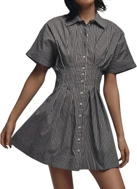 Women Button Down Pleated Shirt Dress Summer Short Sleeve Blouse Striped Print Corset Mini Dresses