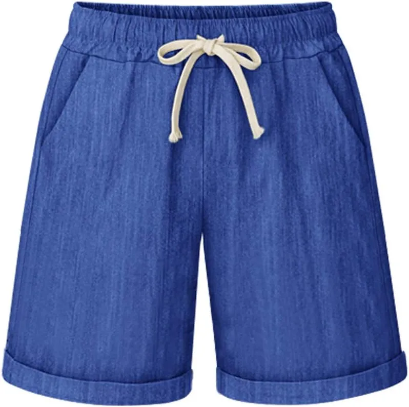 Women's Casual Elastic Waist Comfy Curling Knee Length Bermuda Shorts with Drawstring
