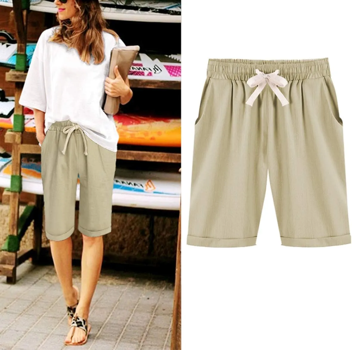 Women's Casual Elastic Waist Comfy Curling Knee Length Bermuda Shorts with Drawstring