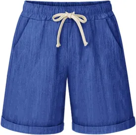 Women's Casual Elastic Waist Comfy Curling Knee Length Bermuda Shorts with Drawstring